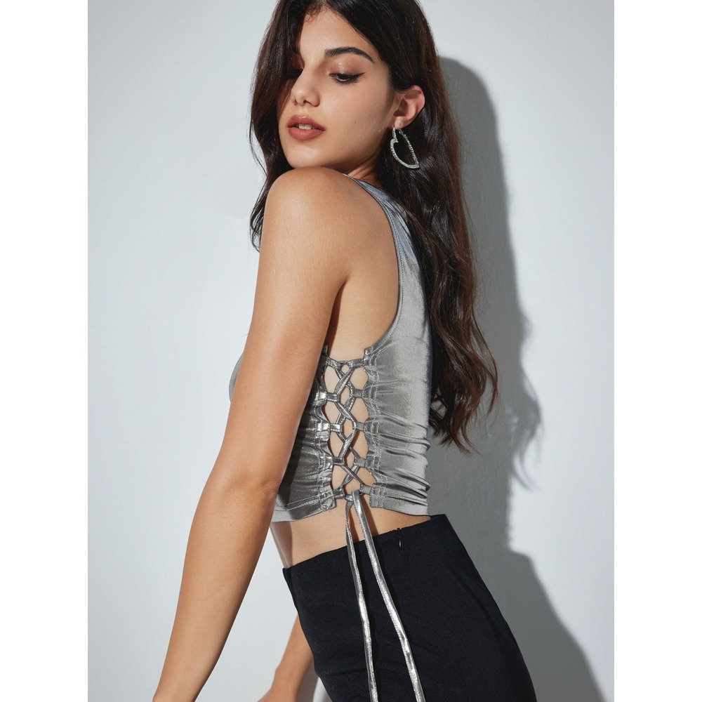 Micas Metallic Sparkly Shine‎ Lace Up Side Crop Tank Top Size S